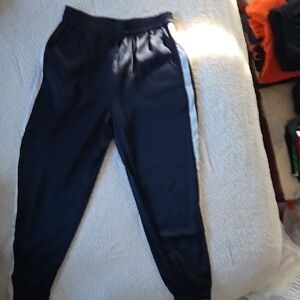 Zara Silky Navy Blue With White Leg Stripe Elastic Waist Pants, Size Small